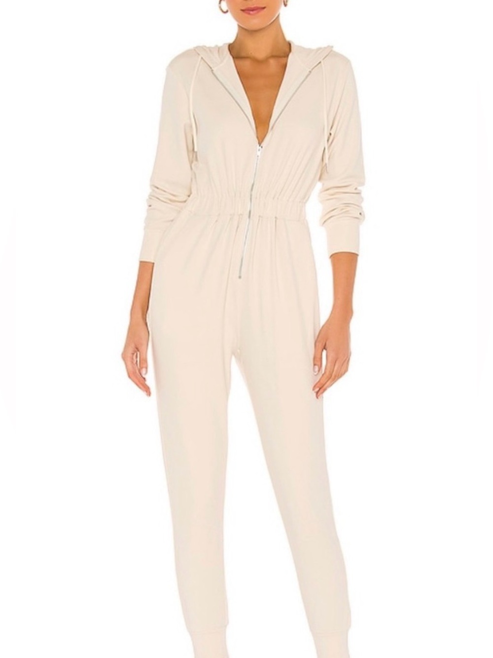 Bebe Velour Cream Hooded Zip Jumpsuit Romper